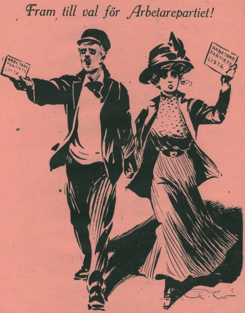Fram til val för Arbetarepartiet! Teckning av Teckning av G.Widholm i Socialdemokraten 10.3 1910 kongress-fram-till-val